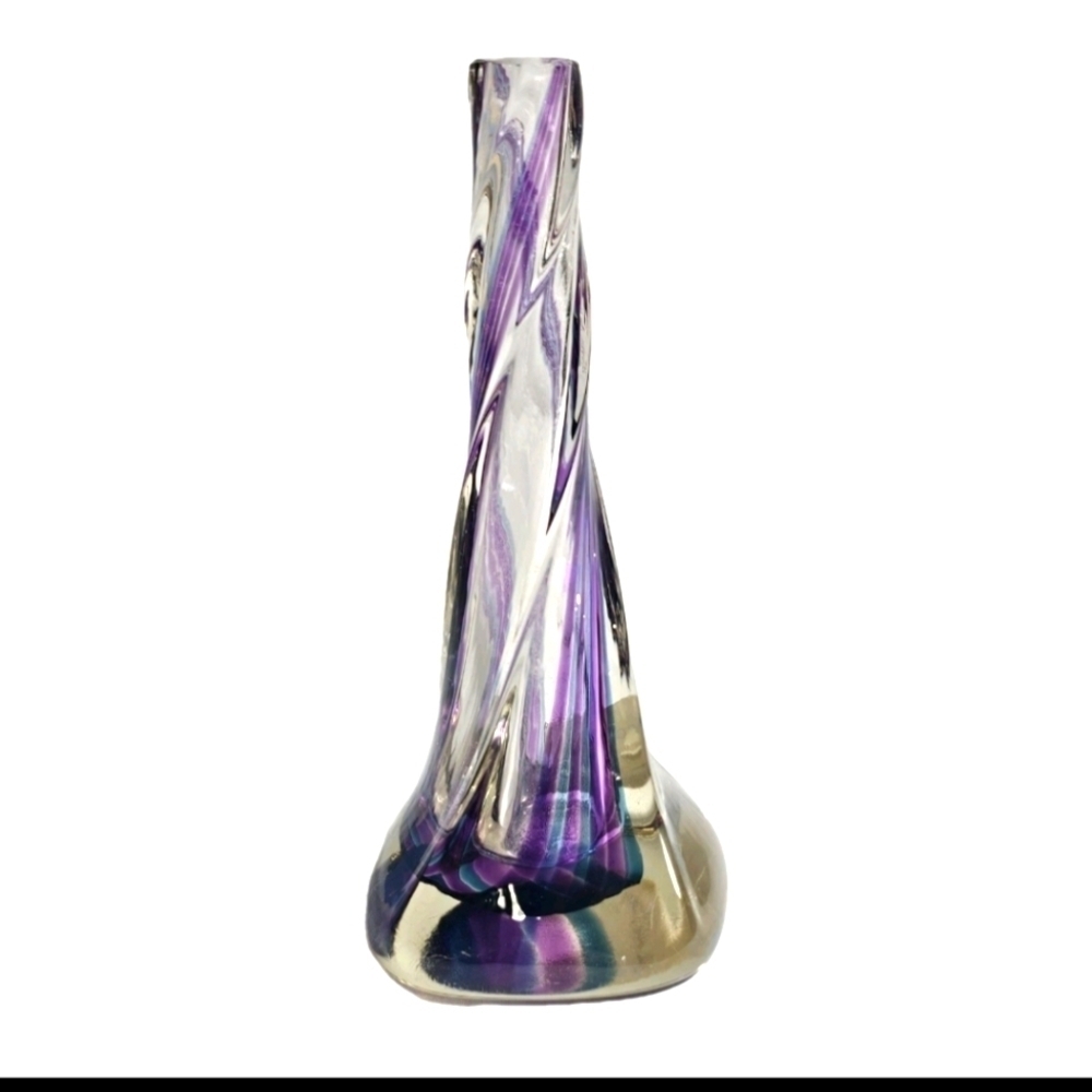 Vortex Art Glass Twisted Purple Amethyst & Clear Vase